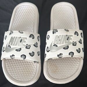 Nike White and Black Leopard Print Slides